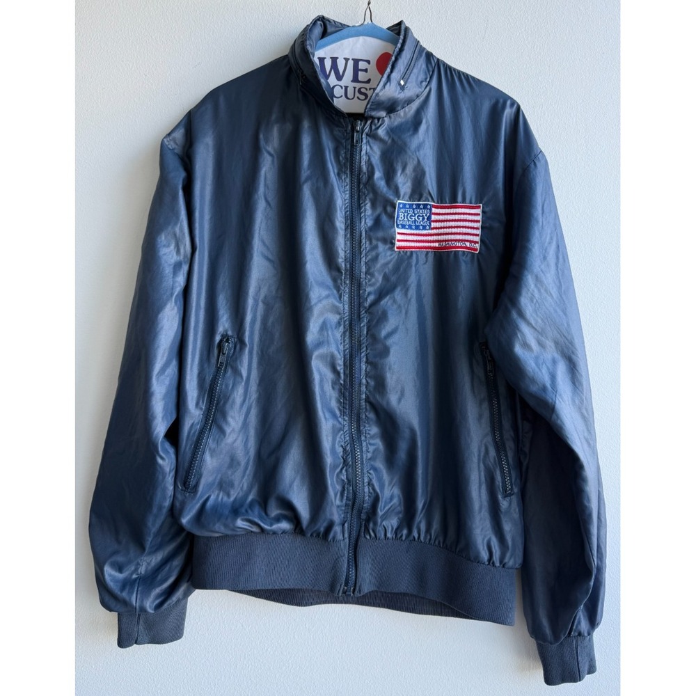 Vintage Men's Large Retro Blue Nylon Windbreaker Jacket Hood USA Patch EUC